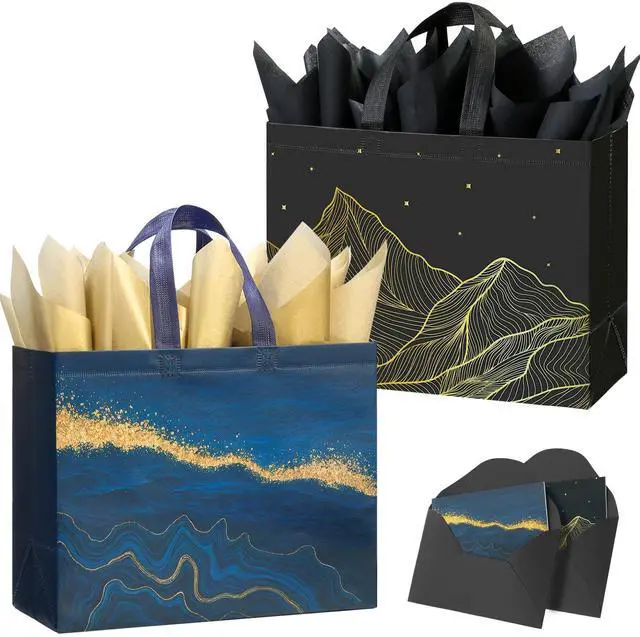 Main image of 13" Large Gift Bags with Tissue Paper, 2 Pack Reusable Non-woven Happy Birthday Gift Bag with Handles, Perfect Gifts for Men & Women (Black, Blue).