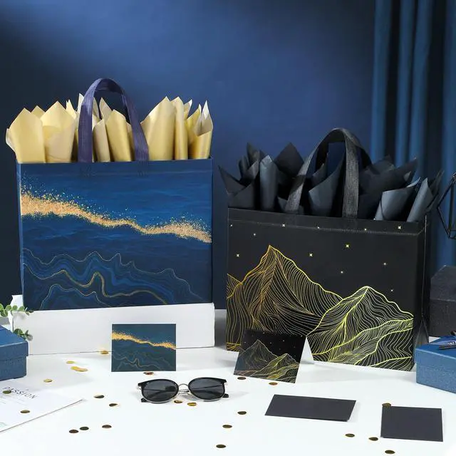 Alt view image 4 of 7 - 13" Large Gift Bags with Tissue Paper, 2 Pack Reusable Non-woven Happy Birthday Gift Bag with Handles, Perfect Gifts for Men & Women (Black, Blue).