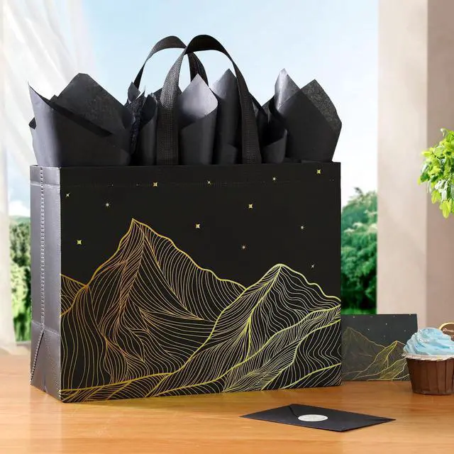 Alt view image 7 of 7 - 13" Large Gift Bags with Tissue Paper, 2 Pack Reusable Non-woven Happy Birthday Gift Bag with Handles, Perfect Gifts for Men & Women (Black, Blue).