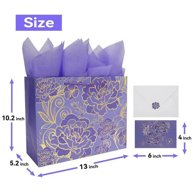 Alt view image 2 of 6 - 13" Large Rose Purple Gift Bag Set with Greeting Card and Tissue Paper for Women or Girls for Celebrating Birthdays, Mother's Day, Valentine's Day, Weddings, Anniversaries