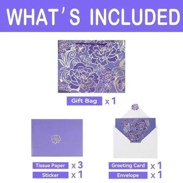 Alt view image 3 of 6 - 13" Large Rose Purple Gift Bag Set with Greeting Card and Tissue Paper for Women or Girls for Celebrating Birthdays, Mother's Day, Valentine's Day, Weddings, Anniversaries