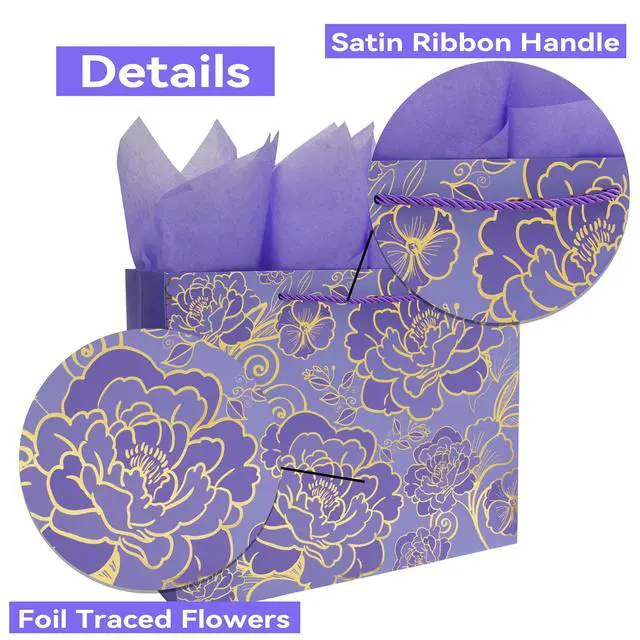Alt view image 4 of 6 - 13" Large Rose Purple Gift Bag Set with Greeting Card and Tissue Paper for Women or Girls for Celebrating Birthdays, Mother's Day, Valentine's Day, Weddings, Anniversaries
