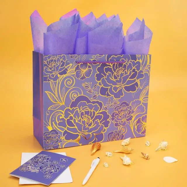 Alt view image 5 of 6 - 13" Large Rose Purple Gift Bag Set with Greeting Card and Tissue Paper for Women or Girls for Celebrating Birthdays, Mother's Day, Valentine's Day, Weddings, Anniversaries