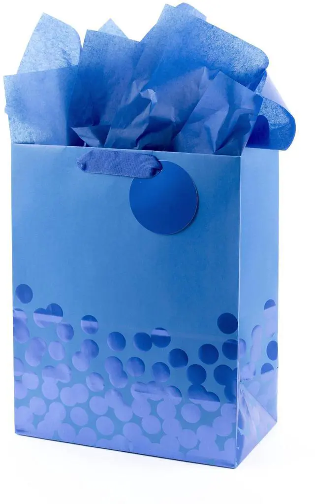 Main image of 13" Large Gift Bag with Tissue Paper (Blue Foil Dots) | Grosgrain Ribbon Handles and Foil Tag, For Holidays and Celebrations, FSC Certified, Supports Up to 10 Pounds