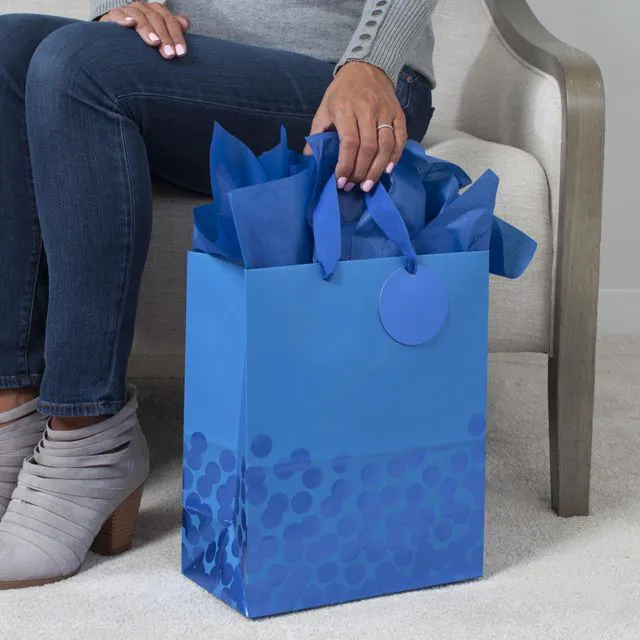 Alt view image 2 of 4 - 13" Large Gift Bag with Tissue Paper (Blue Foil Dots) | Grosgrain Ribbon Handles and Foil Tag, For Holidays and Celebrations, FSC Certified, Supports Up to 10 Pounds