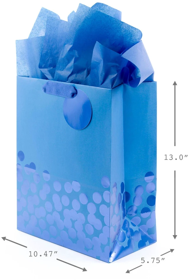 Alt view image 3 of 4 - 13" Large Gift Bag with Tissue Paper (Blue Foil Dots) | Grosgrain Ribbon Handles and Foil Tag, For Holidays and Celebrations, FSC Certified, Supports Up to 10 Pounds