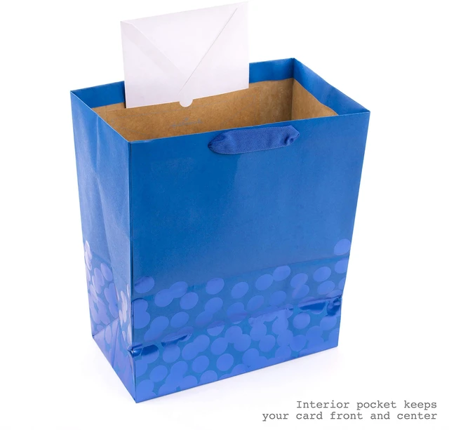 Alt view image 4 of 4 - 13" Large Gift Bag with Tissue Paper (Blue Foil Dots) | Grosgrain Ribbon Handles and Foil Tag, For Holidays and Celebrations, FSC Certified, Supports Up to 10 Pounds