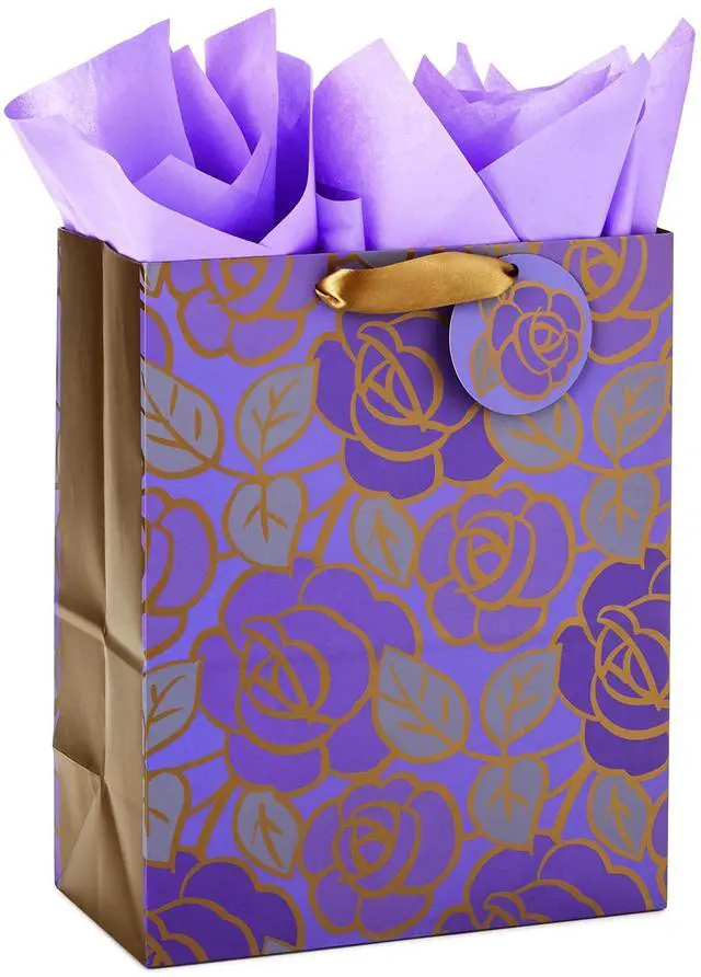 Main image of 13" Large Gift Bag with Tissue Paper (Flowers, Gold Accents) | Includes 1 large bag and 3 tissue paper sheets. Ideal for Mother's Day, Birthday, Anniversary, Valentine's Day