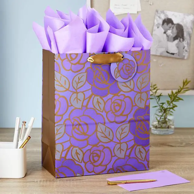 Alt view image 2 of 6 - 13" Large Gift Bag with Tissue Paper (Flowers, Gold Accents) | Includes 1 large bag and 3 tissue paper sheets. Ideal for Mother's Day, Birthday, Anniversary, Valentine's Day