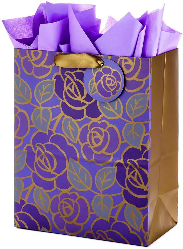 Alt view image 5 of 6 - 13" Large Gift Bag with Tissue Paper (Flowers, Gold Accents) | Includes 1 large bag and 3 tissue paper sheets. Ideal for Mother's Day, Birthday, Anniversary, Valentine's Day