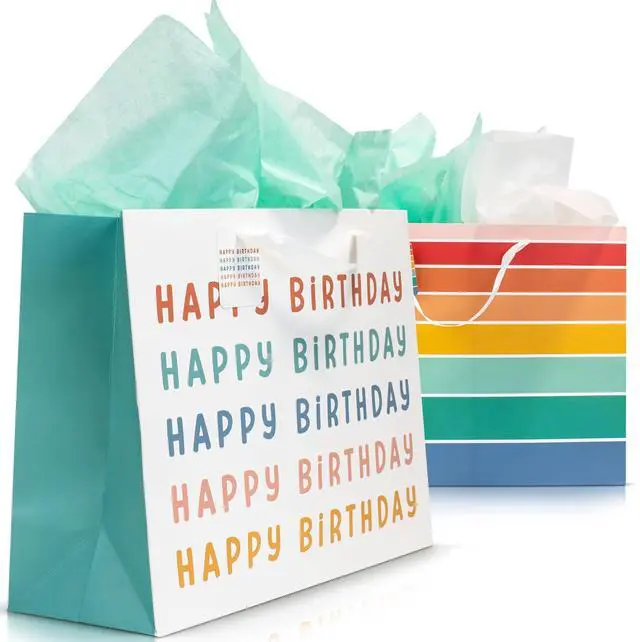 Main image of Beautiful Birthday Gift Bags Set of 2 with Tissue Paper, Cards & Stickers | Reusable Large 16" Bags with Handles - Perfect for Presents at Weddings, Mothers Day or Any Other Occasion