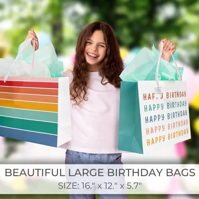 Alt view image 2 of 7 - Beautiful Birthday Gift Bags Set of 2 with Tissue Paper, Cards & Stickers | Reusable Large 16" Bags with Handles - Perfect for Presents at Weddings, Mothers Day or Any Other Occasion