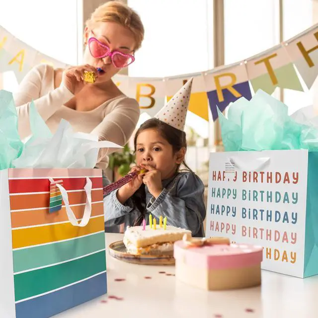 Alt view image 7 of 7 - Beautiful Birthday Gift Bags Set of 2 with Tissue Paper, Cards & Stickers | Reusable Large 16" Bags with Handles - Perfect for Presents at Weddings, Mothers Day or Any Other Occasion