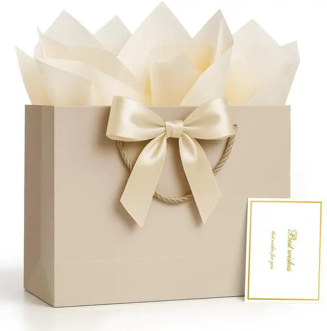 Main image of Gift Bags Medium with Handles 1 Pcs for Wedding Birthday Gift Wrap | Champagne Beige, with Card Ribbon 2 Tissue Paper, Small Gift Paper Party Bags for Men Women Engagement Baby Bridal Shower