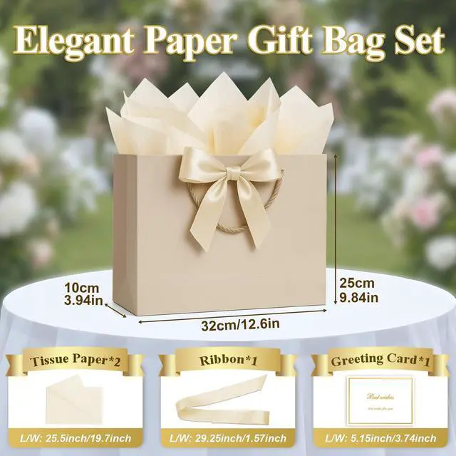 Alt view image 2 of 7 - Gift Bags Medium with Handles 1 Pcs for Wedding Birthday Gift Wrap | Champagne Beige, with Card Ribbon 2 Tissue Paper, Small Gift Paper Party Bags for Men Women Engagement Baby Bridal Shower