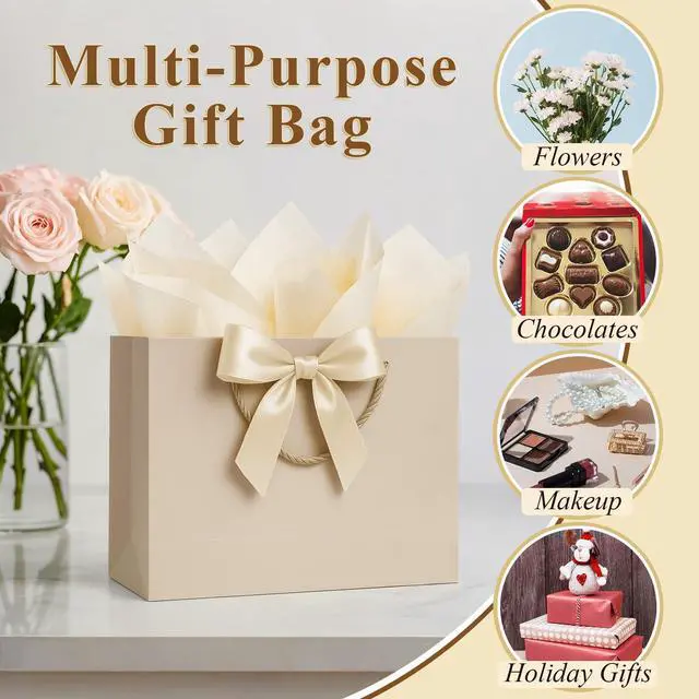 Alt view image 3 of 7 - Gift Bags Medium with Handles 1 Pcs for Wedding Birthday Gift Wrap | Champagne Beige, with Card Ribbon 2 Tissue Paper, Small Gift Paper Party Bags for Men Women Engagement Baby Bridal Shower