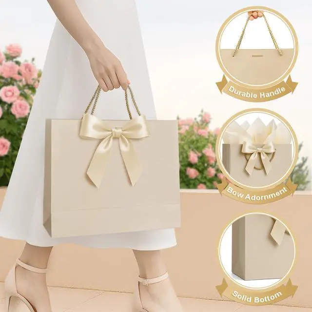 Alt view image 5 of 7 - Gift Bags Medium with Handles 1 Pcs for Wedding Birthday Gift Wrap | Champagne Beige, with Card Ribbon 2 Tissue Paper, Small Gift Paper Party Bags for Men Women Engagement Baby Bridal Shower