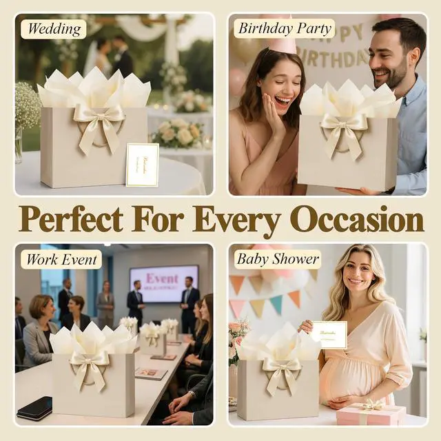 Alt view image 6 of 7 - Gift Bags Medium with Handles 1 Pcs for Wedding Birthday Gift Wrap | Champagne Beige, with Card Ribbon 2 Tissue Paper, Small Gift Paper Party Bags for Men Women Engagement Baby Bridal Shower