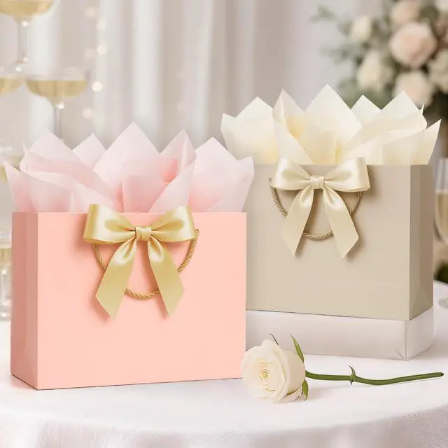 Alt view image 7 of 7 - Gift Bags Medium with Handles 1 Pcs for Wedding Birthday Gift Wrap | Champagne Beige, with Card Ribbon 2 Tissue Paper, Small Gift Paper Party Bags for Men Women Engagement Baby Bridal Shower