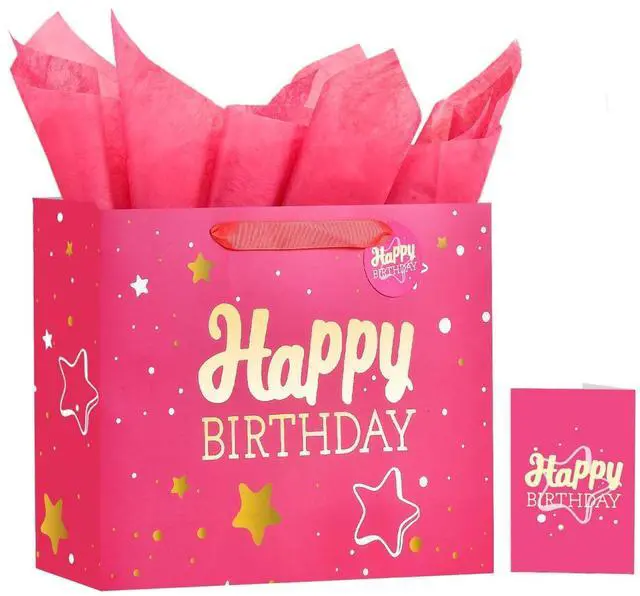 Main image of 13" Birthday Gift Bag with Tissue Paper & Card(1 Pack Pink Gold) | Foil Stamping Gift Bags, Starry Sky Gift Bags, Happy Birthday Gift Bag for Men Women,Gift Bag Medium size
