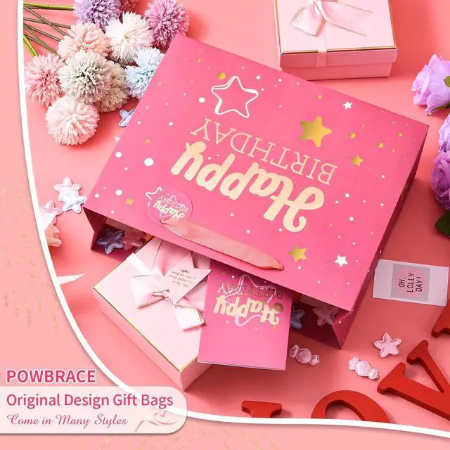 Alt view image 3 of 6 - 13" Birthday Gift Bag with Tissue Paper & Card(1 Pack Pink Gold) | Foil Stamping Gift Bags, Starry Sky Gift Bags, Happy Birthday Gift Bag for Men Women,Gift Bag Medium size