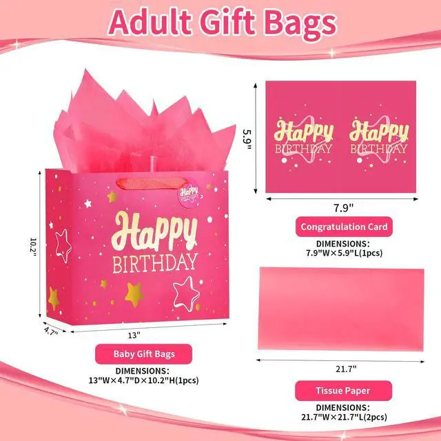 Alt view image 2 of 6 - 13" Birthday Gift Bag with Tissue Paper & Card(1 Pack Pink Gold) | Foil Stamping Gift Bags, Starry Sky Gift Bags, Happy Birthday Gift Bag for Men Women,Gift Bag Medium size
