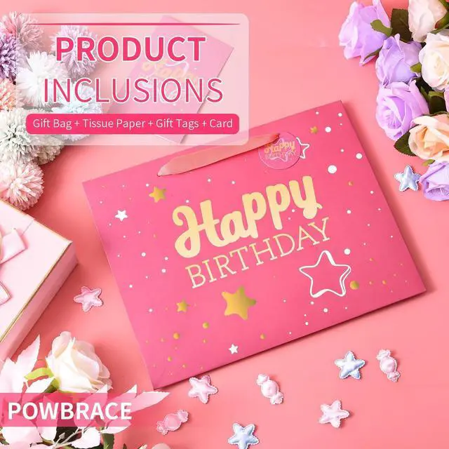 Alt view image 4 of 6 - 13" Birthday Gift Bag with Tissue Paper & Card(1 Pack Pink Gold) | Foil Stamping Gift Bags, Starry Sky Gift Bags, Happy Birthday Gift Bag for Men Women,Gift Bag Medium size