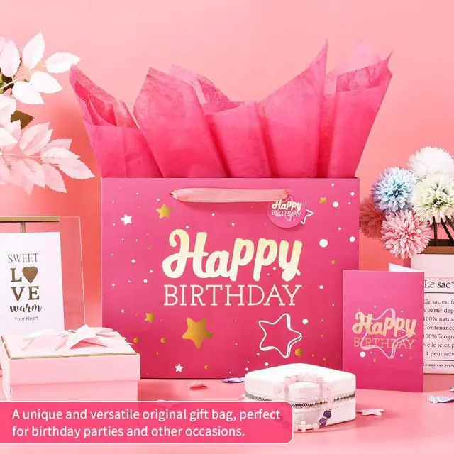 Alt view image 5 of 6 - 13" Birthday Gift Bag with Tissue Paper & Card(1 Pack Pink Gold) | Foil Stamping Gift Bags, Starry Sky Gift Bags, Happy Birthday Gift Bag for Men Women,Gift Bag Medium size