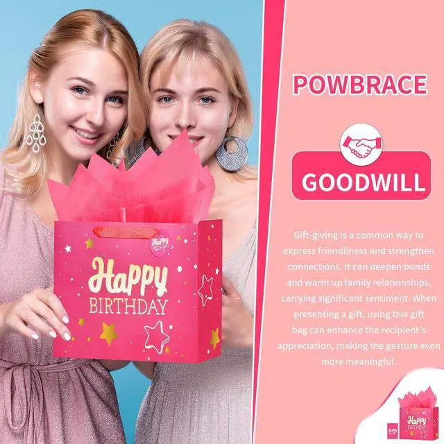 Alt view image 6 of 6 - 13" Birthday Gift Bag with Tissue Paper & Card(1 Pack Pink Gold) | Foil Stamping Gift Bags, Starry Sky Gift Bags, Happy Birthday Gift Bag for Men Women,Gift Bag Medium size