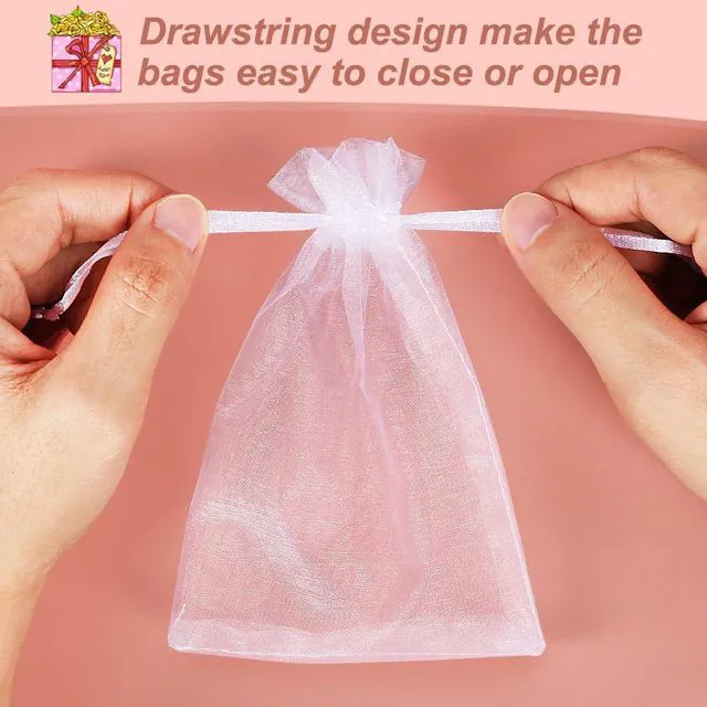 Alt view image 2 of 7 - 100pcs White Organza Bags, 4x6 inch Mesh Bags Drawstring Gift Bags Jewelry Pouches for Candy Wedding Favors Christmas