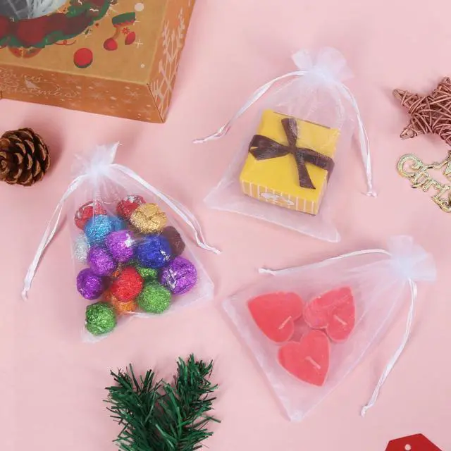Alt view image 5 of 7 - 100pcs White Organza Bags, 4x6 inch Mesh Bags Drawstring Gift Bags Jewelry Pouches for Candy Wedding Favors Christmas