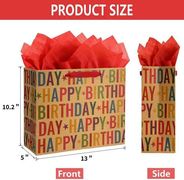 Alt view image 2 of 6 - 13" Kraft Happy Birthday Gift Bag, Colorful Lettering & Star Design with Tissue Paper and Greeting Card, Sturdy Handles for Boys Girls Kids Adults Birthday Party Favors