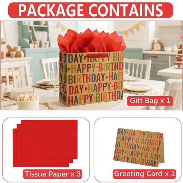 Alt view image 3 of 6 - 13" Kraft Happy Birthday Gift Bag, Colorful Lettering & Star Design with Tissue Paper and Greeting Card, Sturdy Handles for Boys Girls Kids Adults Birthday Party Favors