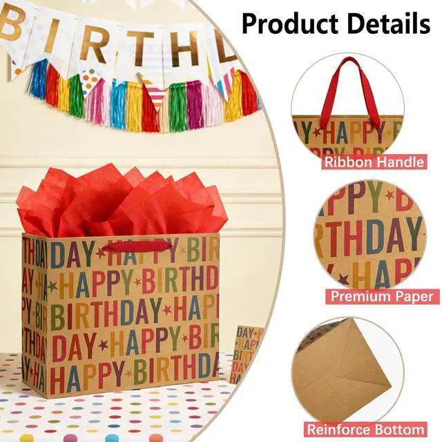 Alt view image 4 of 6 - 13" Kraft Happy Birthday Gift Bag, Colorful Lettering & Star Design with Tissue Paper and Greeting Card, Sturdy Handles for Boys Girls Kids Adults Birthday Party Favors