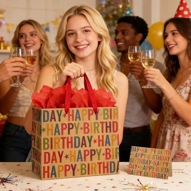 Alt view image 6 of 6 - 13" Kraft Happy Birthday Gift Bag, Colorful Lettering & Star Design with Tissue Paper and Greeting Card, Sturdy Handles for Boys Girls Kids Adults Birthday Party Favors