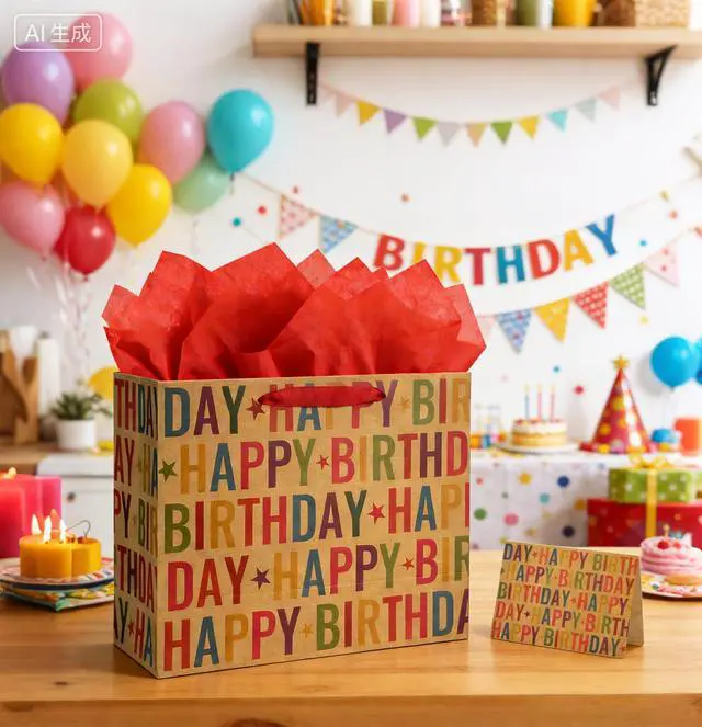 Alt view image 5 of 6 - 13" Kraft Happy Birthday Gift Bag, Colorful Lettering & Star Design with Tissue Paper and Greeting Card, Sturdy Handles for Boys Girls Kids Adults Birthday Party Favors