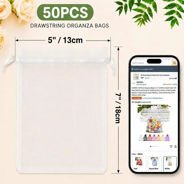 Alt view image 2 of 7 - 50PCS Organza Bags 5 x 7, White Small Gift Mesh Bags Drawstring Bulk | Sheer Goodie Pouches for Wedding Candy Party Favors Baby Bridal Shower&Halloween, Jewelry Treats Sachet Soap Makeup Gift Wrap
