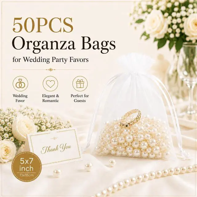 Alt view image 3 of 7 - 50PCS Organza Bags 5 x 7, White Small Gift Mesh Bags Drawstring Bulk | Sheer Goodie Pouches for Wedding Candy Party Favors Baby Bridal Shower&Halloween, Jewelry Treats Sachet Soap Makeup Gift Wrap