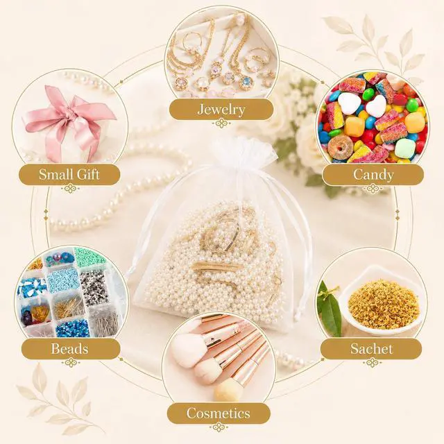 Alt view image 5 of 7 - 50PCS Organza Bags 5 x 7, White Small Gift Mesh Bags Drawstring Bulk | Sheer Goodie Pouches for Wedding Candy Party Favors Baby Bridal Shower&Halloween, Jewelry Treats Sachet Soap Makeup Gift Wrap