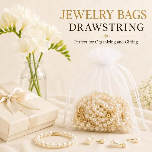 Alt view image 6 of 7 - 50PCS Organza Bags 5 x 7, White Small Gift Mesh Bags Drawstring Bulk | Sheer Goodie Pouches for Wedding Candy Party Favors Baby Bridal Shower&Halloween, Jewelry Treats Sachet Soap Makeup Gift Wrap