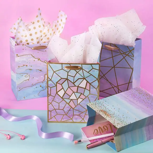 Alt view image 4 of 7 - Medium Size Gift Bags-Colorful Marble Pattern Gift Bag with Tissue Paper for Shopping, Parties, Wedding, Baby Shower, Craft-4 Pack-7" X 4" X 9"