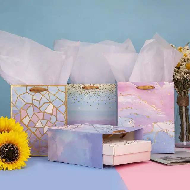 Alt view image 2 of 7 - Medium Size Gift Bags-Colorful Marble Pattern Gift Bag with Tissue Paper for Shopping, Parties, Wedding, Baby Shower, Craft-4 Pack-7" X 4" X 9"
