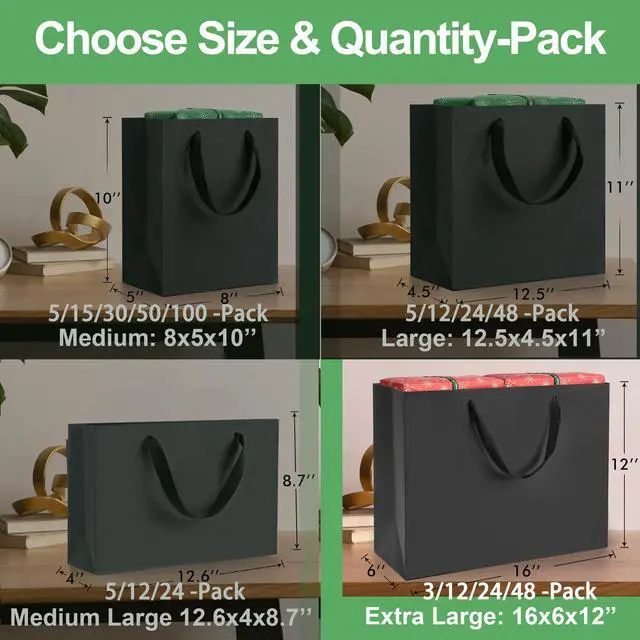 Alt view image 2 of 6 - Extra Large Black Gift Bags: 16x6x12 Inch 3pcs Black Paper Bags With Handles Bulk For Party Shopping Birthday Wedding (XL-3)