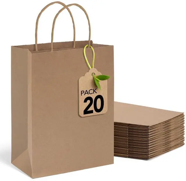 Main image of Brown Paper Bags 8x4.25x10.5 Inch 20Pcs, Paper Bags with Handles | Sturdy Brown Gift Bags for Retail, Birthday Party Favors, Shopping, Small Business (Made in USA)