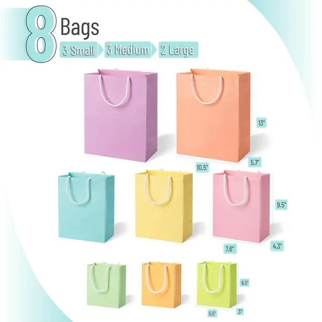 Alt view image 2 of 7 - Paper Gift Bags with Handles, Assorted Sizes, 8 Pack | Paper Bags with Handles, Ideal for Gifts, Weddings, Baby Showers, Birthdays, Shopping, Retail Merchandise, Party Favor
