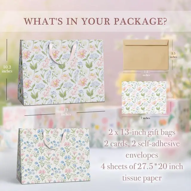 Alt view image 3 of 7 - Gift Bags Set of 2,Large 13" Gift Bag with Tissue Paper,Floral Gift bag Includes Matching Tissue Paper,Card and Envelope,Perfect For Presents of Any Special Occasion