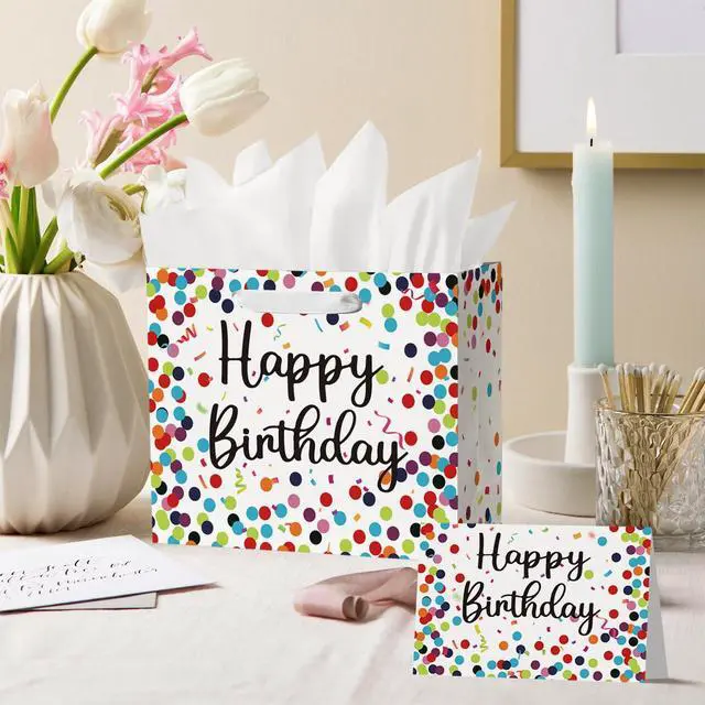 Alt view image 3 of 6 - 13" Large Birthday Gift Paper Bags with Tissue Paper and Card, Happy Birthday Dots Streamers Gift Paper Bag for Men Women Kids Birthday,1Pcs