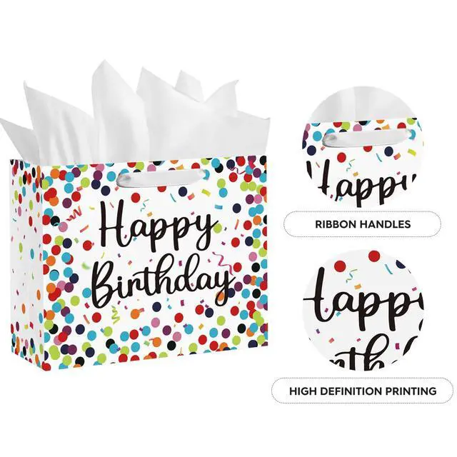 Alt view image 6 of 6 - 13" Large Birthday Gift Paper Bags with Tissue Paper and Card, Happy Birthday Dots Streamers Gift Paper Bag for Men Women Kids Birthday,1Pcs
