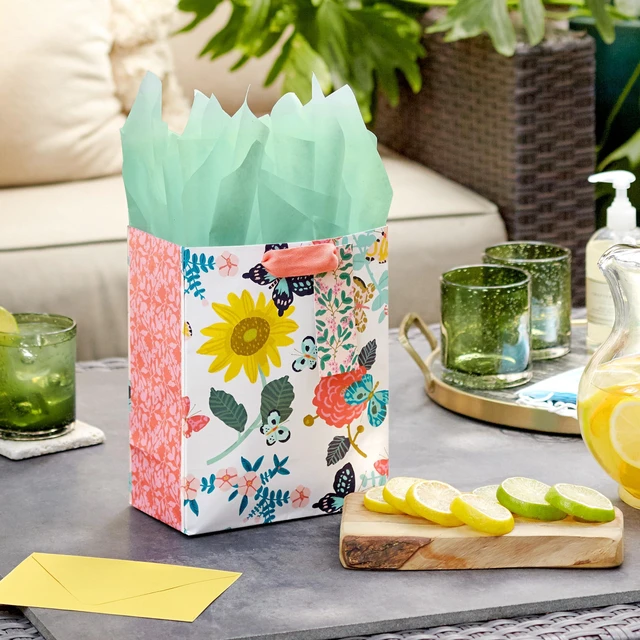 Alt view image 2 of 6 - 9" Medium Gift Bag with Tissue Paper (Bright Flowers) | For Bridal Showers, Weddings, Baby Showers, Mothers Day
