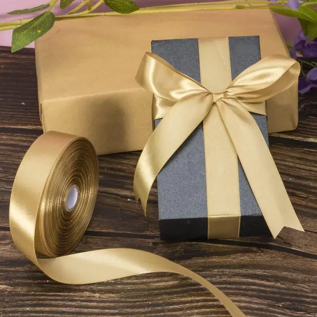 Alt view image 4 of 7 - 1 Inch Champaign Gold Solid Satin Ribbon for Gift Wrapping, 50 Yards | Soft, Satiny, Colorfast, Polyester Fabric, Ease of Use, Bouquets, Decor, Crafting DIY, Leis, Christmas, Wedding